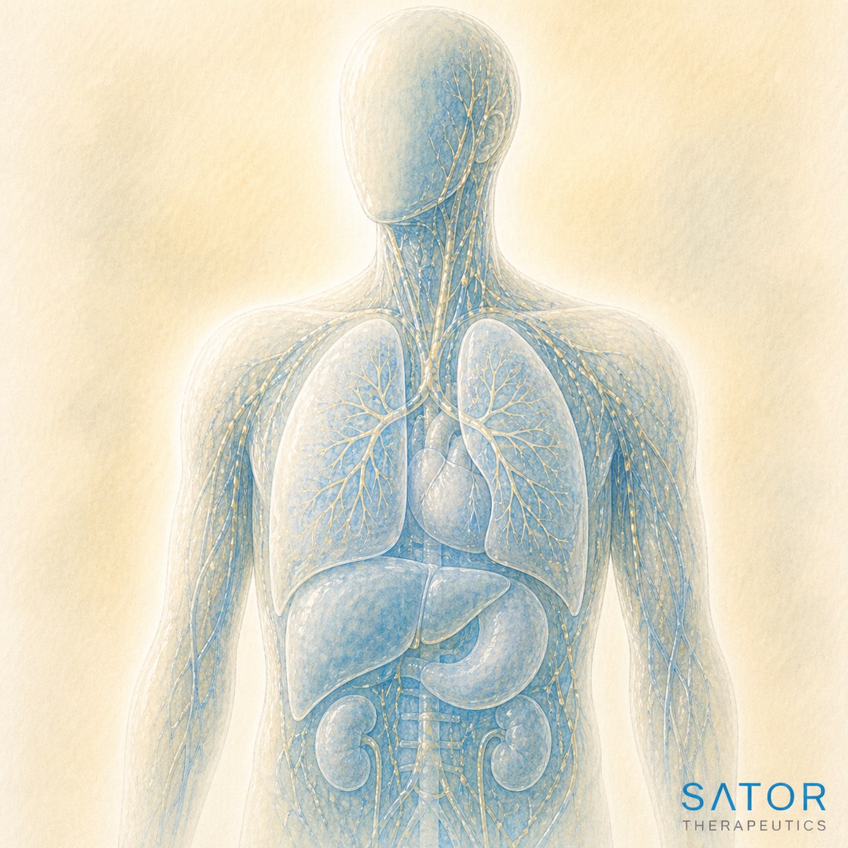Watercolor of healed organs after Sator Therapeutics oncolytic virus treatment, with the Sator Therapeutics logo